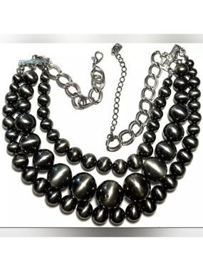 Necklace Signed YOU & I Multi Strand  Grey Silver Tone 18.5"-21"